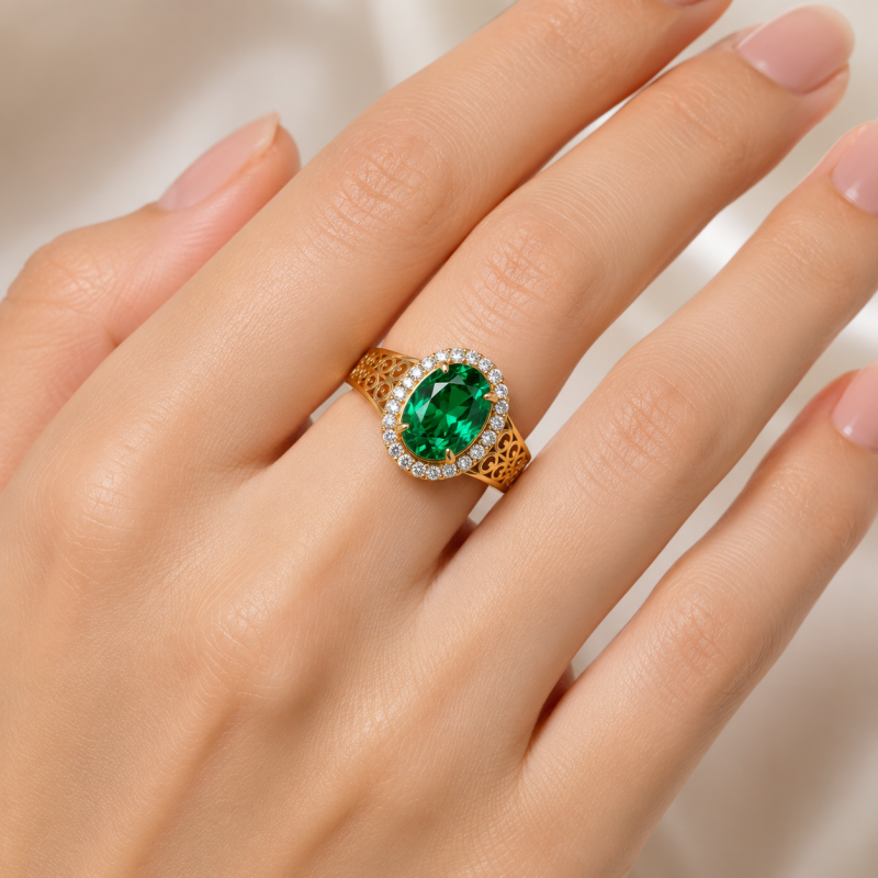 18K Gold Oval Cut Lab-Grown Emerald Halo Vintage Engagement Ring-2
