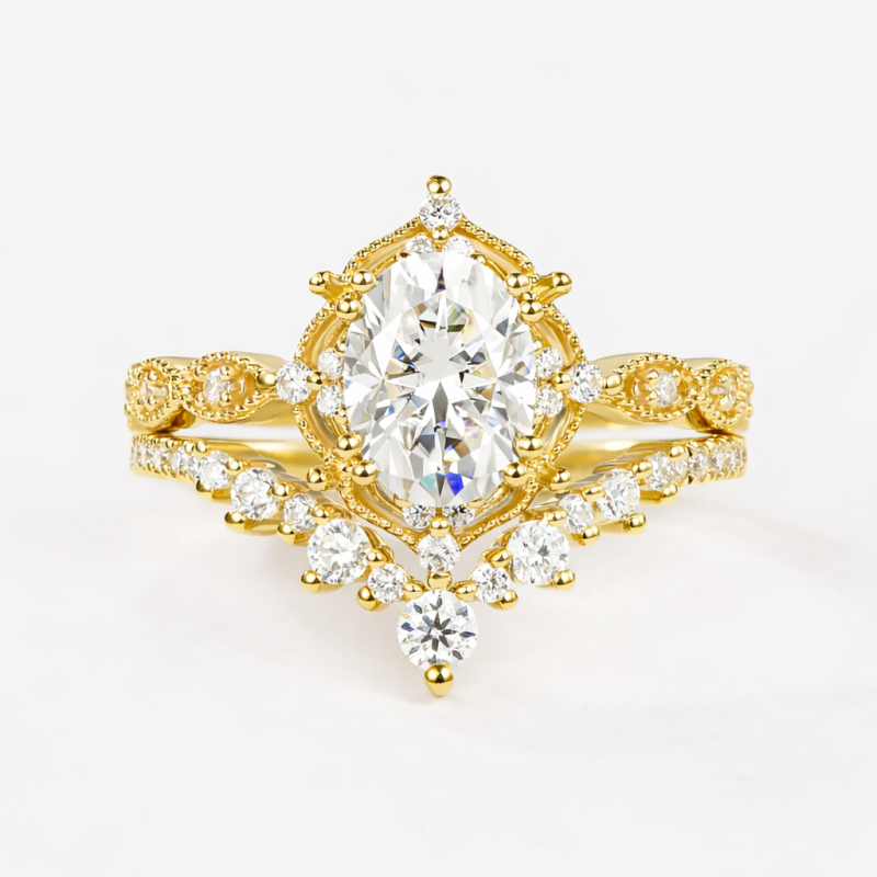 Bagues de couple en or 18K avec moissanite taillée en ovale-4