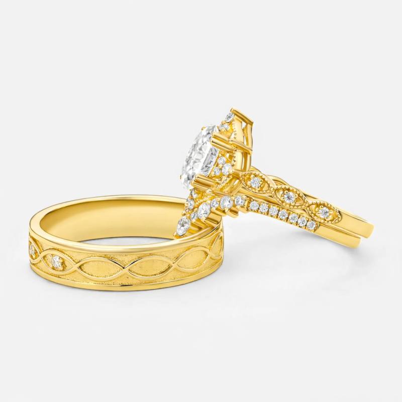 Bagues de couple en or 18K avec moissanite taillée en ovale-5