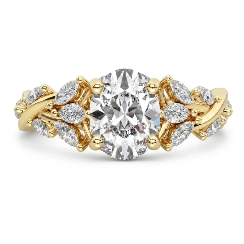 Verlobungsring aus 18-karätigem Gold mit ovalem Schliff und im Labor gezüchtetem Diamanten – individuell gestaltet und von natürlichen Designs inspiriert-1