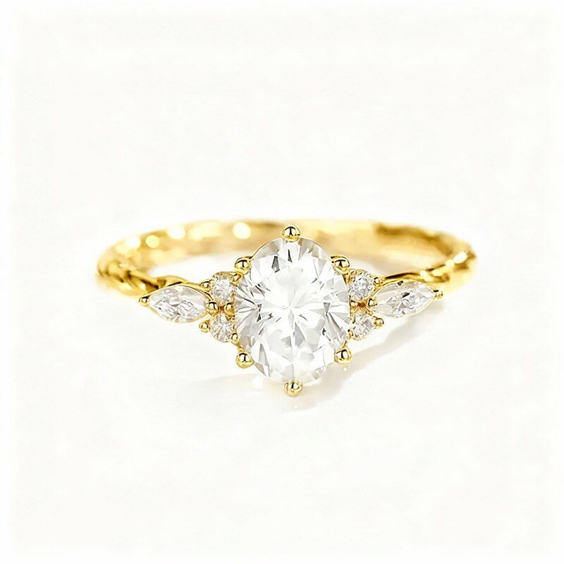 Bague de fiançailles personnalisée en or 18 carats avec moissanite taille ovale et gravure,-1
