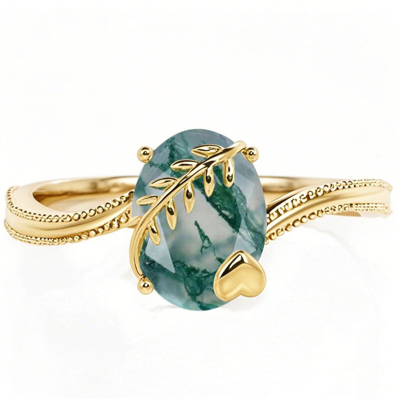 Bague de fiançailles solitaire en or 10 carats et agate mousse taille ovale-1
