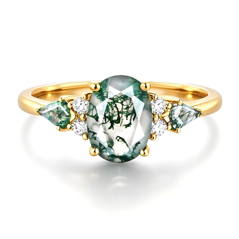Verlobungsring aus Sterlingsilber mit gelbvergoldetem, oval geschliffenem Moosachat-1