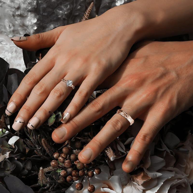 Bagues de Couple en Or 14 Carats avec Agate Mousse Coupe Ovale et Lièvre-2