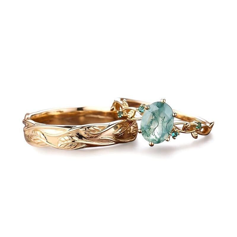 Bagues de Couple en Or 14 Carats avec Agate Mousse Coupe Ovale et Lièvre-3