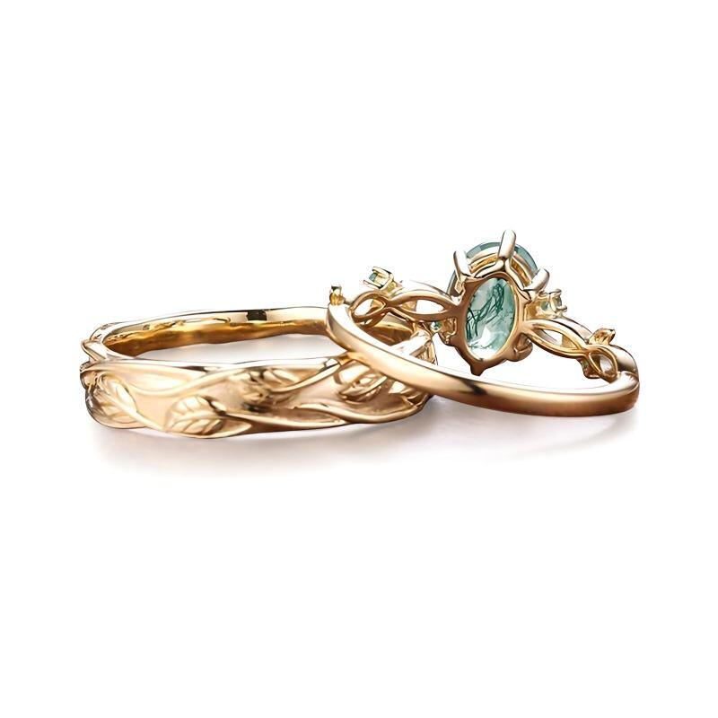 Bagues de Couple en Or 14 Carats avec Agate Mousse Coupe Ovale et Lièvre-4