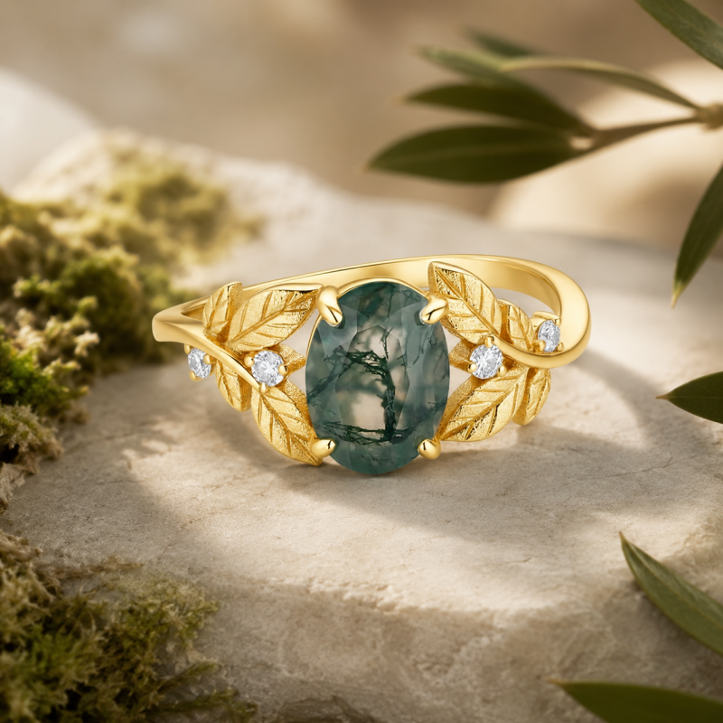 Anillo de compromiso de oro de 10 quilates con ágata musgosa de talla ovalada, inspirado en la naturaleza y las hojas.-4