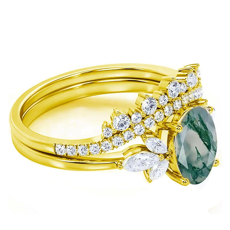 Ovaler Ring aus 18-karätigem Gold mit Moosachat und Moissanit-3