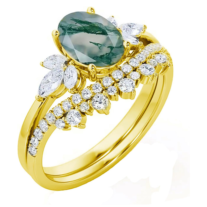 Ovaler Ring aus 18-karätigem Gold mit Moosachat und Moissanit-4