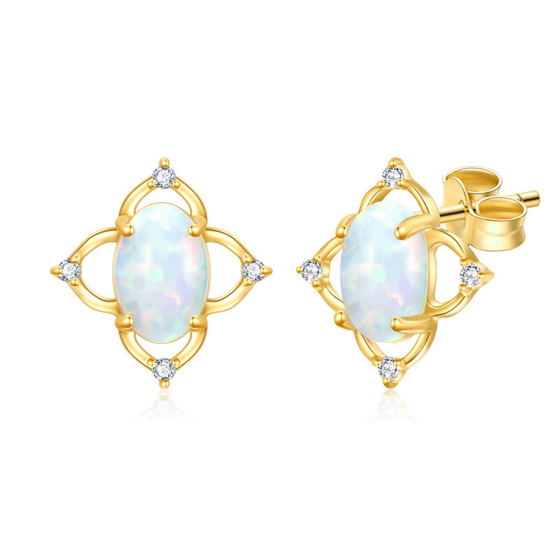 Boucles d'oreilles puces ovales en or 10 carats avec opale, style vintage, en forme de fleur. Bijoux hypoallergéniques.-1