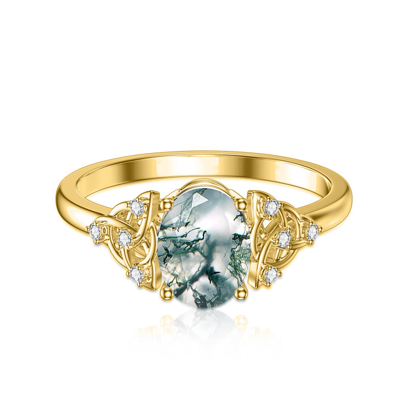 14-karätiger Goldring mit ovalem Moosachat, personalisierter Gravur und keltischem Knoten-1