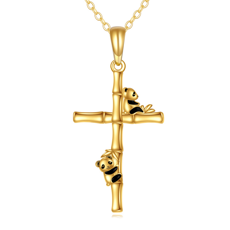 Collar con colgante de panda y cruz de oro de 14 quilates-1