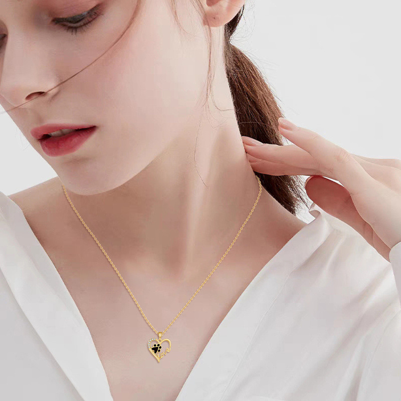 18K Gold Paw & Heart Pendant Necklace with Engraved Word-2