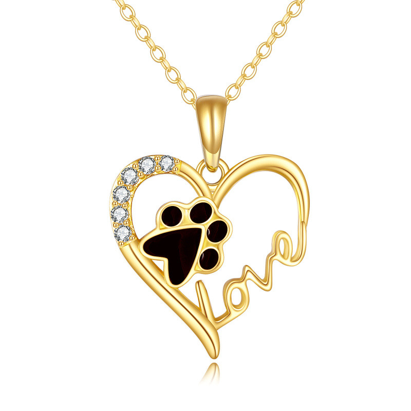 18K Gold Paw & Heart Pendant Necklace with Engraved Word-1