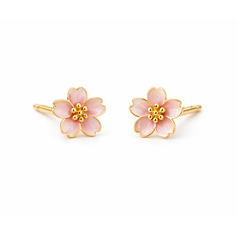 Pendientes de botón de oro de 14 quilates con diseño de flor de durazno-1