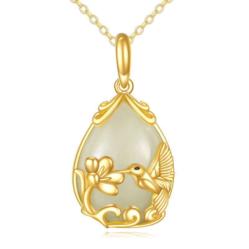14K Gold Pear Chalcedony Hummingbird Drop Shape Pendant Necklace-1