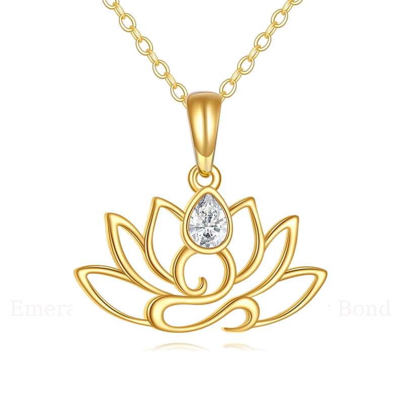 Collier pendentif lotus en or 14 carats avec zircon cubique taille poire - Bijou minimaliste - Cadeau d'anniversaire pour maman ou épouse-1