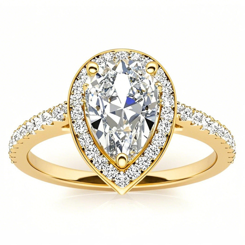 10K Gold Pear Cut Halo Moissanite Engagement Ring-1