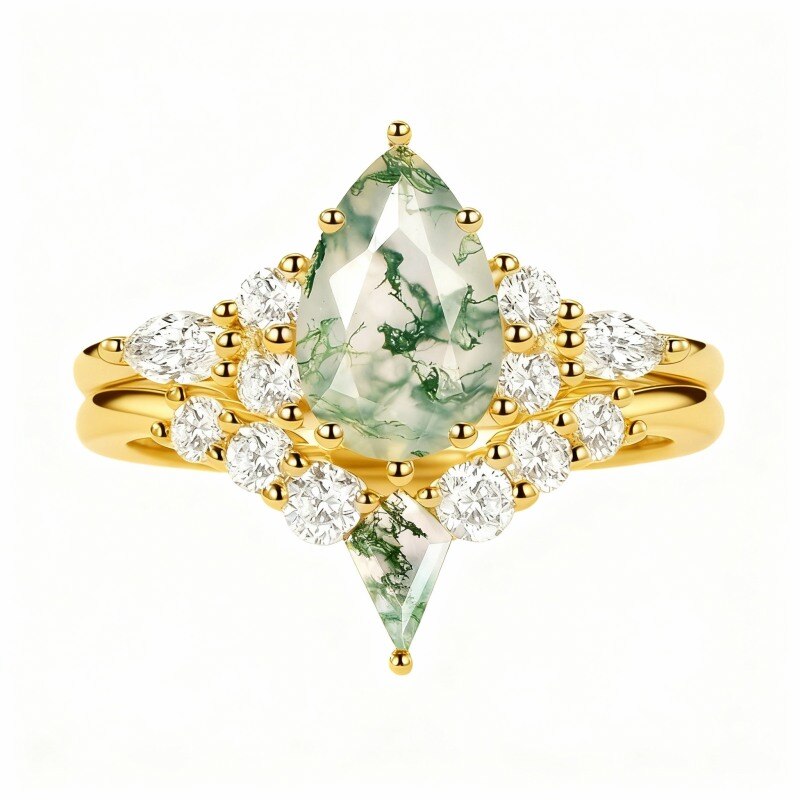 Ensemble de mariage en or 10 carats avec moissanite taille poire et agate mousse-1