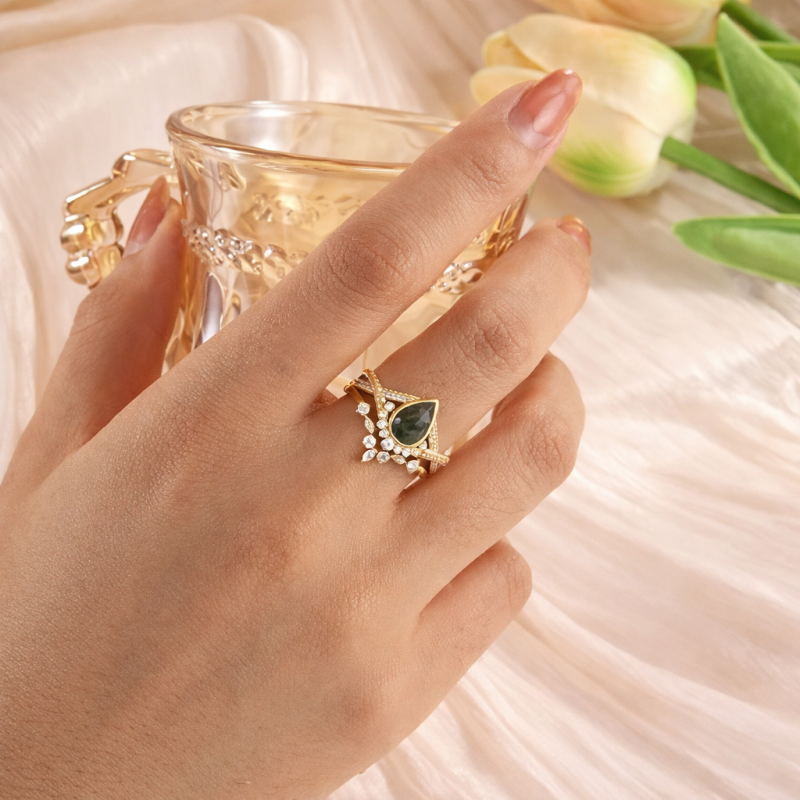 Bague de fiançailles en or 18 carats avec agate mousse taille poire-2