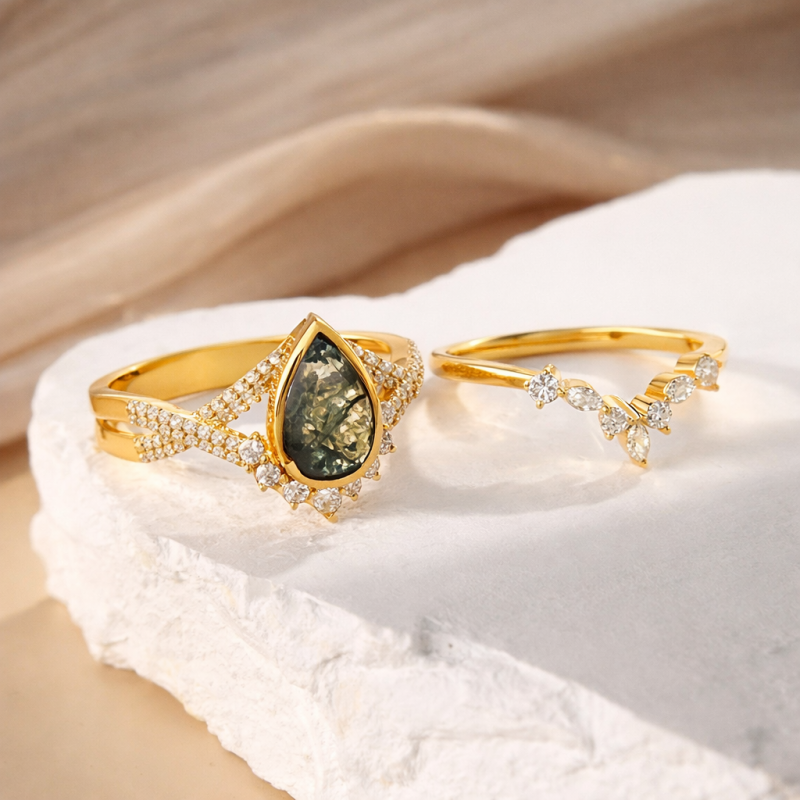 Bague de fiançailles en or 18 carats avec agate mousse taille poire-3