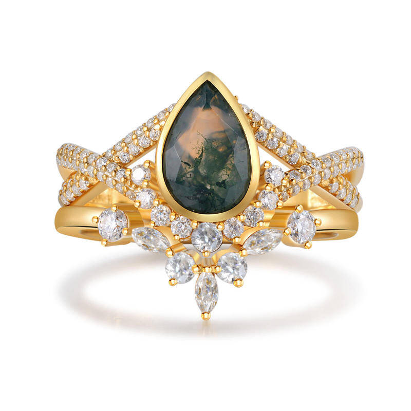 Verlobungsring aus 10 Karat Gold mit Moosachat im Birnenschliff-4