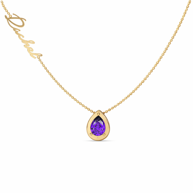 Collier pendentif personnalisé en or 10 carats avec pierre de naissance taille poire, prénom et sœurs.-1