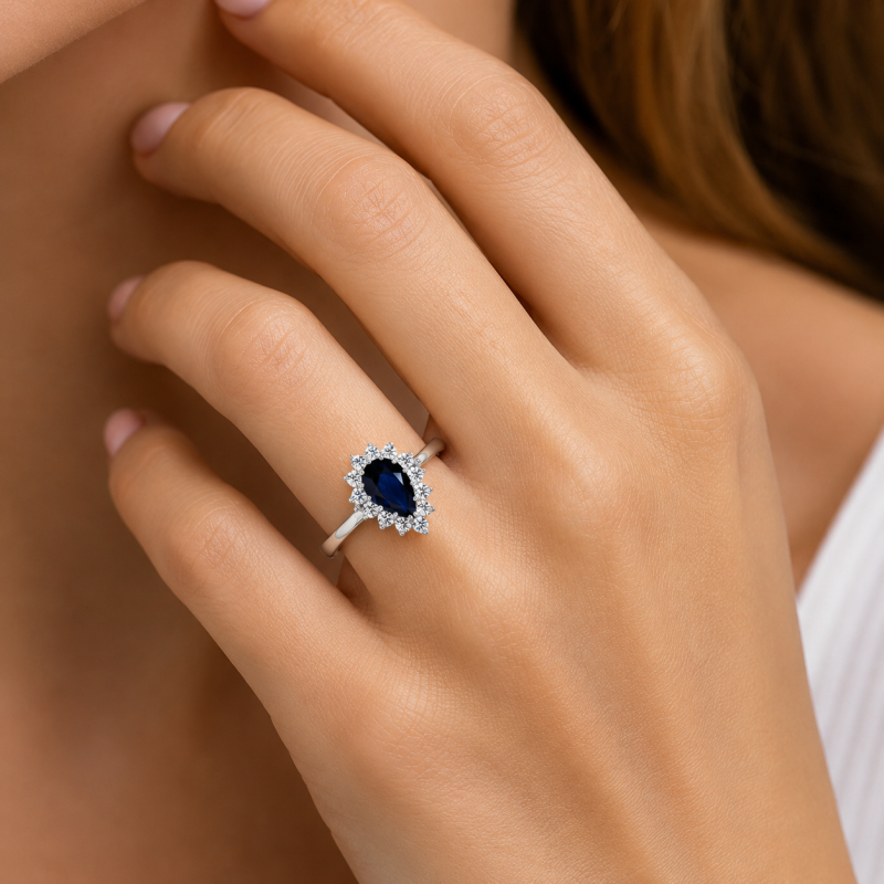 18K Gold Pear Cut Sapphire Halo Engagement Ring-2