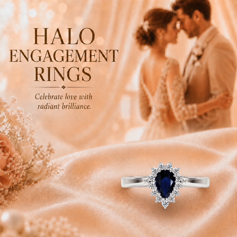 18K Gold Pear Cut Sapphire Halo Engagement Ring-5