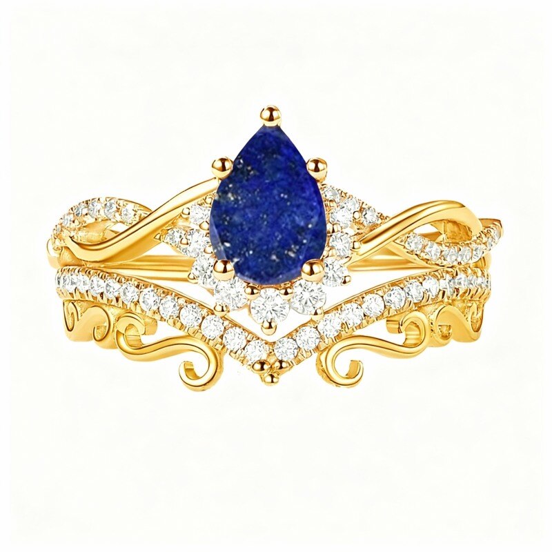 Ensemble nuptial personnalisé en or 18K avec saphir en forme de poire et diamants de laboratoire-1