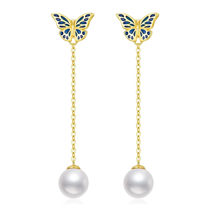 Boucles d'oreilles pendantes papillon en or 18 carats et perles pour femmes-1