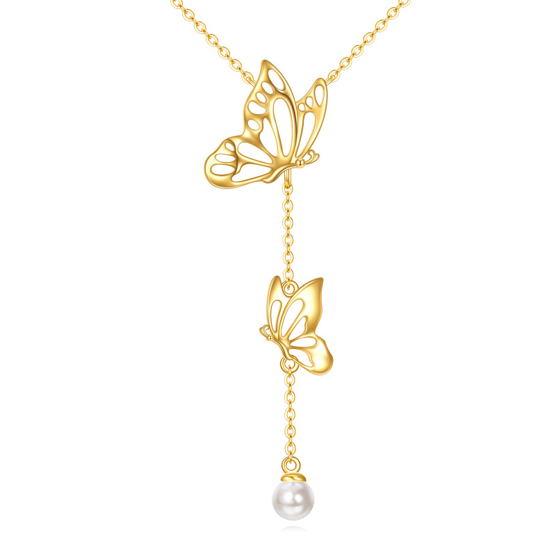Collar en Y no ajustable con mariposa de perlas y oro de 14 quilates-1