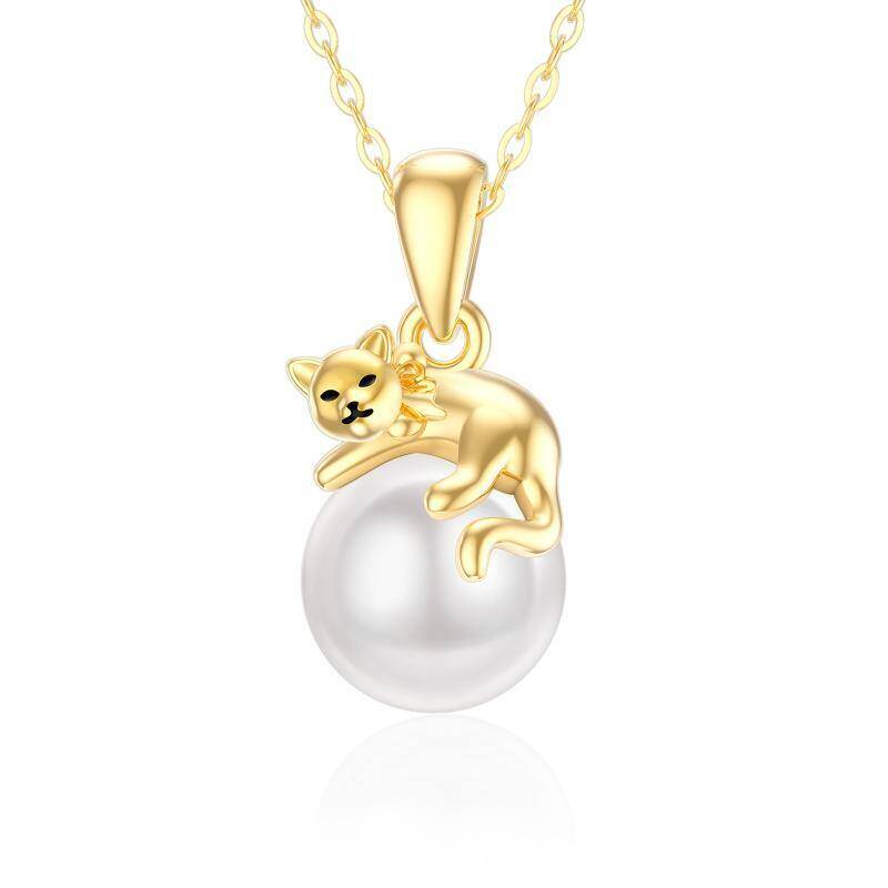 Collar con colgante de gato y perla de oro de 14 quilates-1