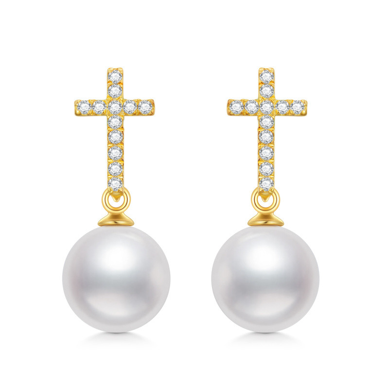 Pendientes colgantes de cruz con perlas y oro de 10 quilates-1