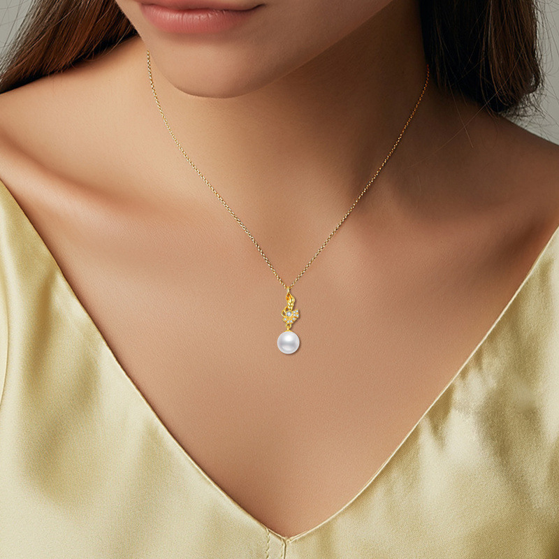 18K Gold Pearl & Cubic Zirconia Conch Pendant Necklace-2