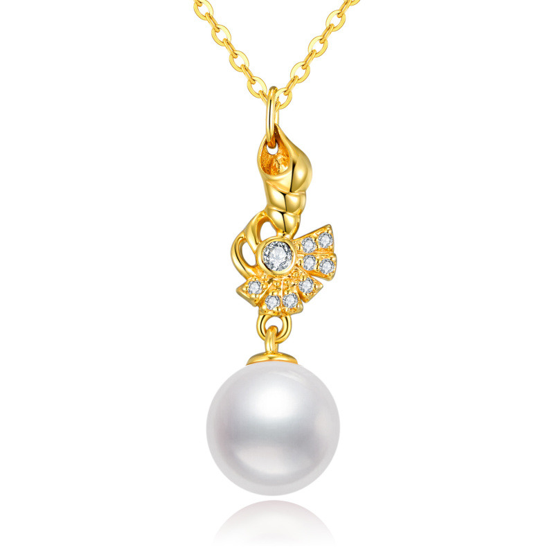 18K Gold Pearl & Cubic Zirconia Conch Pendant Necklace-1