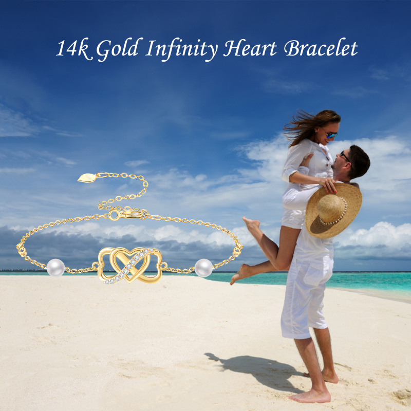 Pulsera con símbolo de infinito y corazón de perla en oro de 14 quilates para mujer-6