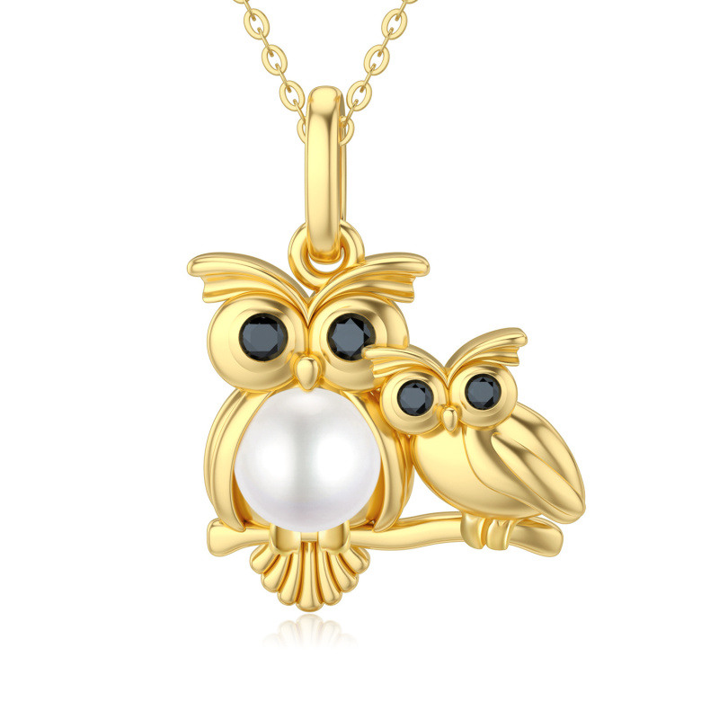 10K Gold Pearl Owl Pendant Necklace-1