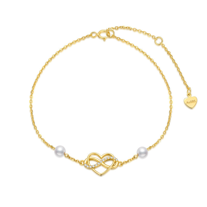 Pulseira de senhora em ouro 14K com pérola, pendente de coração e símbolo do infinito em zircónia cúbica.-1