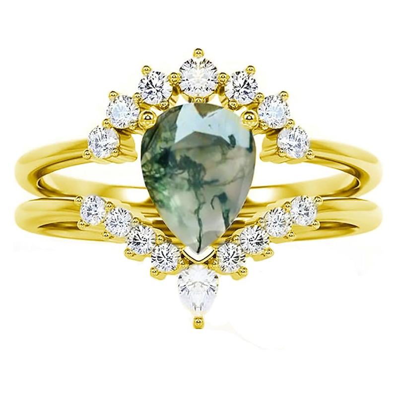 Verlobungsring aus 10-karätigem Gold mit birnenförmigem Moosachat und Moissanit-1