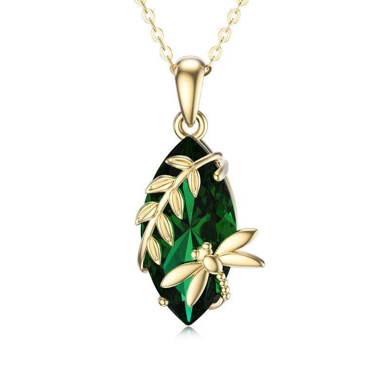 10K Gold Pear Shaped Emerald Dragonfly & Leaves Pendant Necklace-1