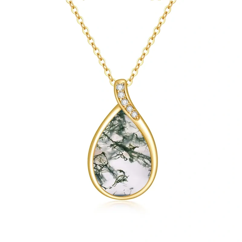 Collier avec pendentif en forme de goutte d'agate mousse en or 10 carats en forme de poire-9