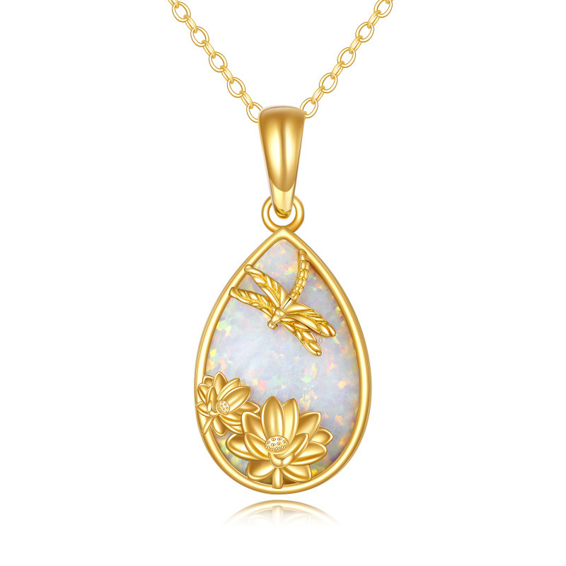 Collier pendentif en or 10 carats en forme de poire, opale, libellule et lotus-1