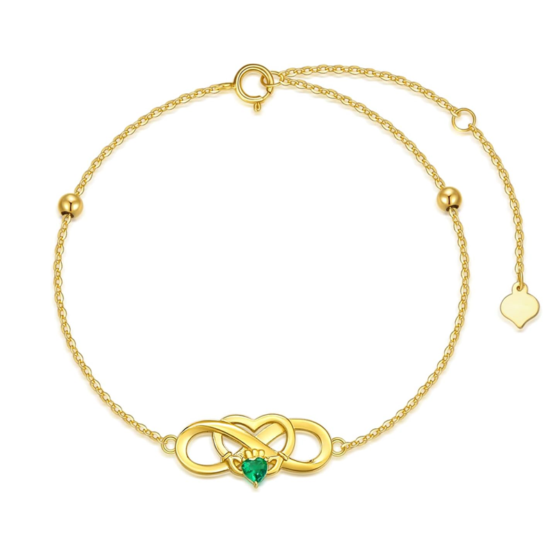 Pulsera personalizada de oro de 14 quilates con piedra natal, corona, corazón y símbolo de infinito para mujer-1