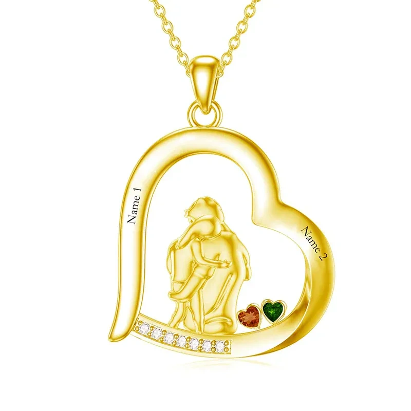 Collier pendentif en or 14K personnalisable avec pierre de naissance gravable, pour père et fille-1