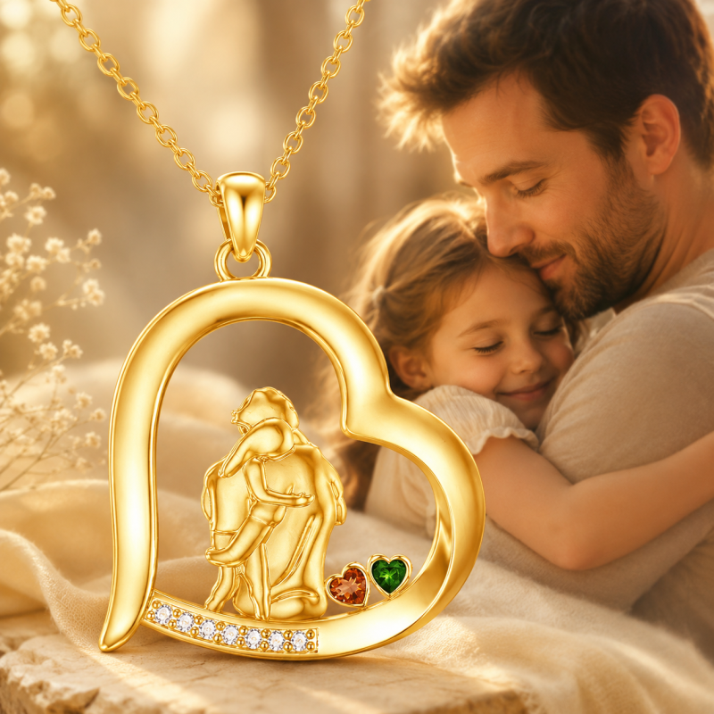 Collier pendentif en or 14K personnalisable avec pierre de naissance gravable, pour père et fille-4