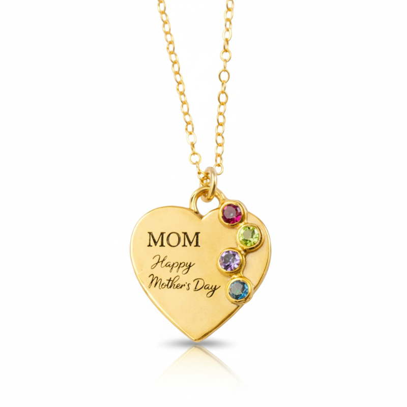 Collar con colgante de corazón, piedra natal personalizada y grabable, de oro de 10 quilates.-1