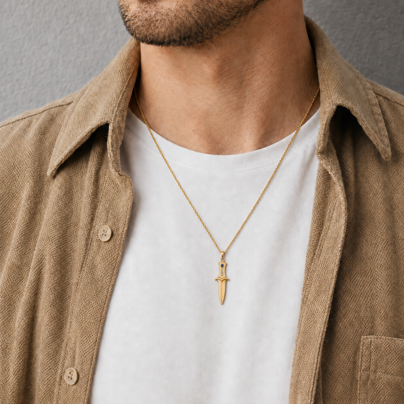 14K Gold Personalized Birthstone & Engravable & Sword Pendant Necklace for Men-2