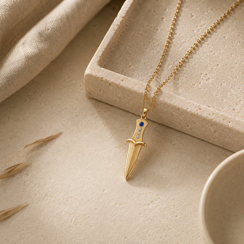 14K Gold Personalized Birthstone & Engravable & Sword Pendant Necklace for Men-3