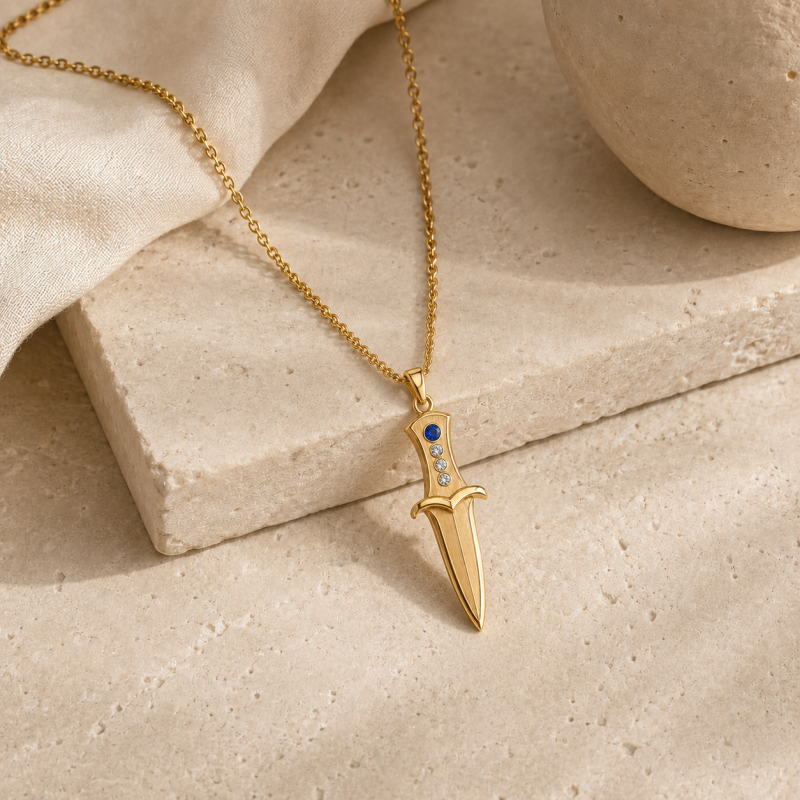 14K Gold Personalized Birthstone & Engravable & Sword Pendant Necklace for Men-4
